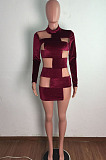 New Women Velvet Mest Patchwork Long Sleeve O Neck Slim Fitting Solid Color Mini Dress LA3302