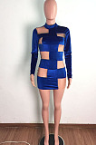 New Women Velvet Mest Patchwork Long Sleeve O Neck Slim Fitting Solid Color Mini Dress LA3302