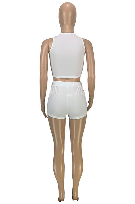 New Summer Casual Pure Color Dew Waist Bandage Tank Shorts Sport Sets SM9230