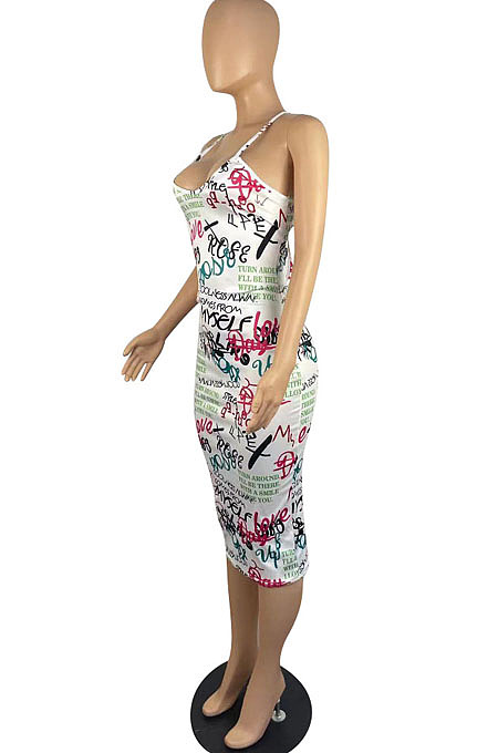 Women Sexy New Printed V Neck Condole Belt Bodycon Dress LWW9313