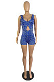 Night Club Sexy Women Pinrting Sleeveless V Neck Backless Roumper Shorts LWW9314