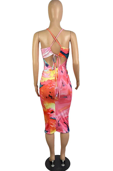 Women Sexy New Printed V Neck Condole Belt Bodycon Dress LWW9313
