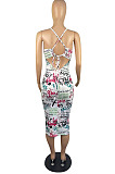 Women Sexy New Printed V Neck Condole Belt Bodycon Dress LWW9313