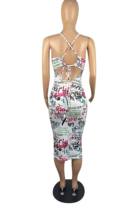 Women Sexy New Printed V Neck Condole Belt Bodycon Dress LWW9313