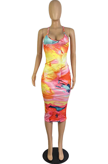 Women Sexy New Printed V Neck Condole Belt Bodycon Dress LWW9313