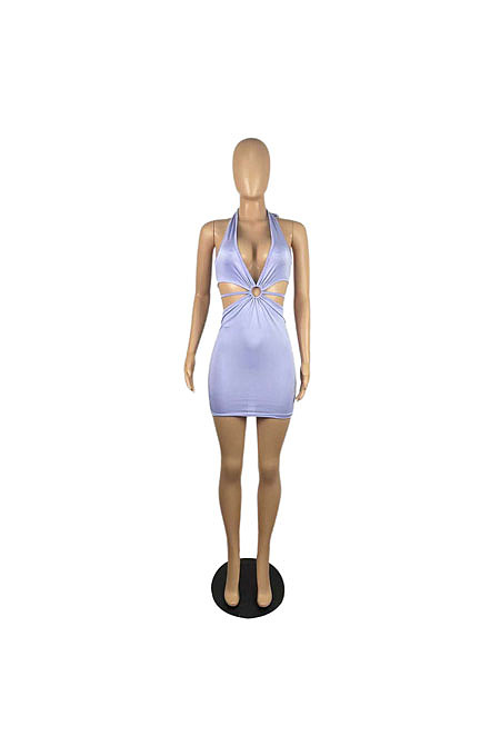 New Women Pure Color Low Cut Halter Neck Backless Bandage Sexy Hip Dress LWW9315