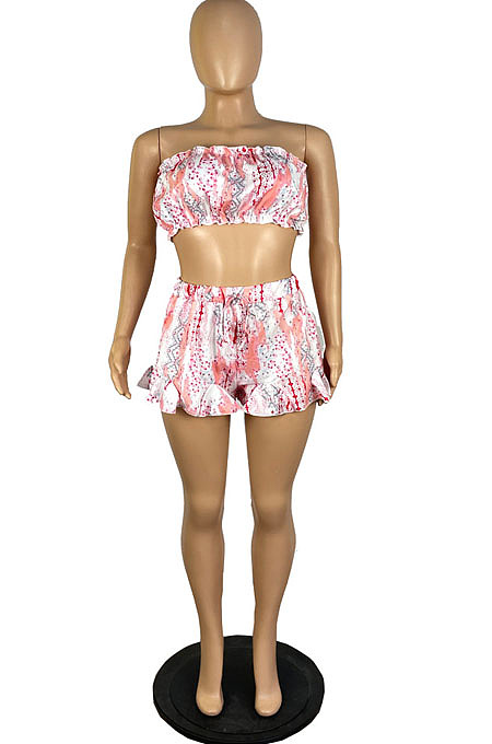 Hot Sales Sexy Women Printed Strapless Shorts Ruffle Sets LWW9334