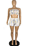 Hot Sales Sexy Women Printed Strapless Shorts Ruffle Sets LWW9334