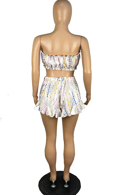 Hot Sales Sexy Women Printed Strapless Shorts Ruffle Sets LWW9334