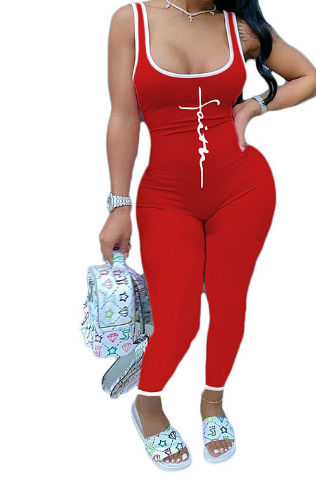Hot Sales Women Letter Printed Low-Cut Sleeveless Casual Bodycon Jumpsuits AMM8373