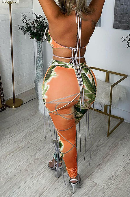 Sexy Hot Sales Women Printed Bandage Strapless Skinny Pants Sets ALS274 
