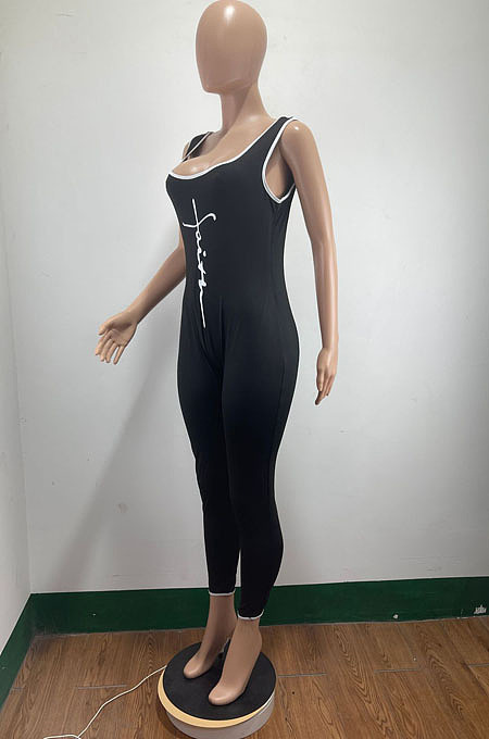 Hot Sales Women Letter Printed Low-Cut Sleeveless Casual Bodycon Jumpsuits AMM8373