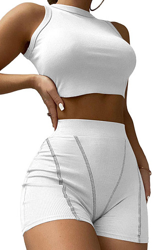 Wholesale Women Casual Ribber Sleeveless Crop Tops High Waist Shorts Yoga Sport Sets Q8035