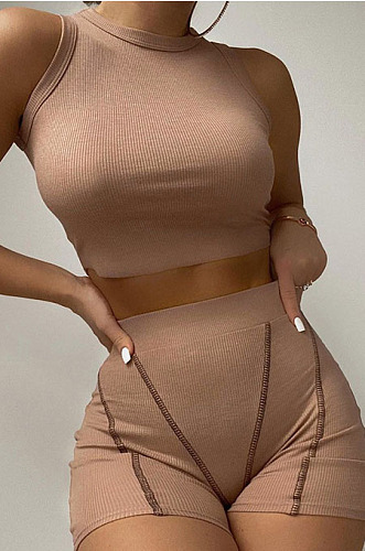 Wholesale Women Casual Ribber Sleeveless Crop Tops High Waist Shorts Yoga Sport Sets Q8035