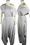 Fashion Casual Women New Cotton Solid Color Oblique Shoulder Tops Harem Pants Sets QQM4392