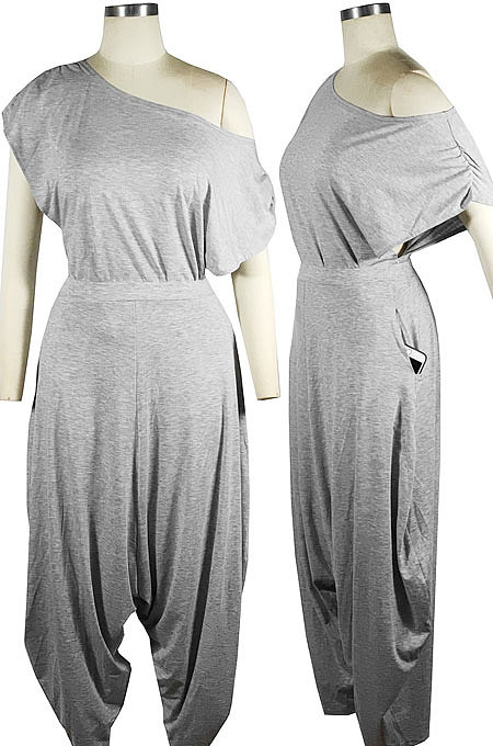 Fashion Casual Women New Cotton Solid Color Oblique Shoulder Tops Harem Pants Sets QQM4392