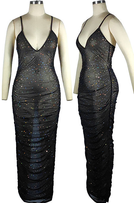 Sexy Night Clut Sequins Condole Belt Deep V Neck See-Througk Bodycon Dress QQM4404
