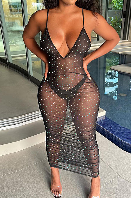 Sexy Night Clut Sequins Condole Belt Deep V Neck See-Througk Bodycon Dress QQM4404