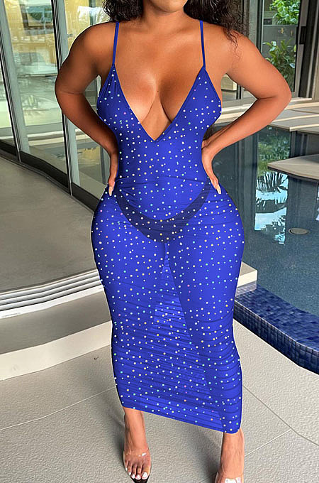 Sexy Night Clut Sequins Condole Belt Deep V Neck See-Througk Bodycon Dress QQM4404