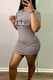 Casual Polyester Pop Art Print Short Sleeve Round Neck Knot Side Mini Dress H1869
