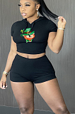 Copy Sexy Polyester Cartoon Graphic Short Sleeve Round Neck Hoodie Shorts Sets HY-A007