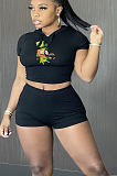Copy Sexy Polyester Cartoon Graphic Short Sleeve Round Neck Hoodie Shorts Sets HY-A007
