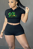 Copy Sexy Polyester Cartoon Graphic Short Sleeve Round Neck Hoodie Shorts Sets HY-A007