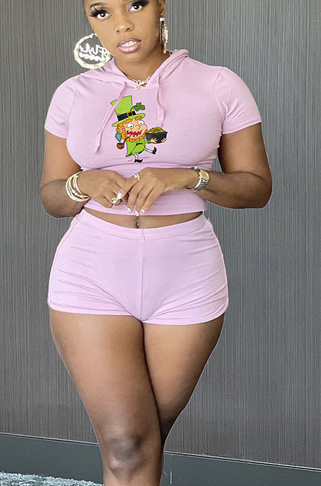 Sexy Polyester Cartoon Graphic Short Sleeve Round Neck Hoodie Shorts Sets HY-A007
