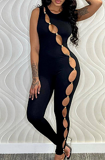 As Shown Black Sexy Polyester Sleeveless Round Neck Beaded Bodycon Jumpsuit QZ3335
