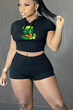 Copy Sexy Polyester Cartoon Graphic Short Sleeve Round Neck Hoodie Shorts Sets HY-A007