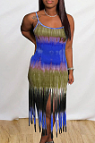 Sexy Polyester Tie Dye Pop Art Print Sleeveless Strappy Tassel Hem Long Dress MTY6617