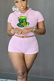 Sexy Polyester Cartoon Graphic Short Sleeve Round Neck Hoodie Shorts Sets HY-A007