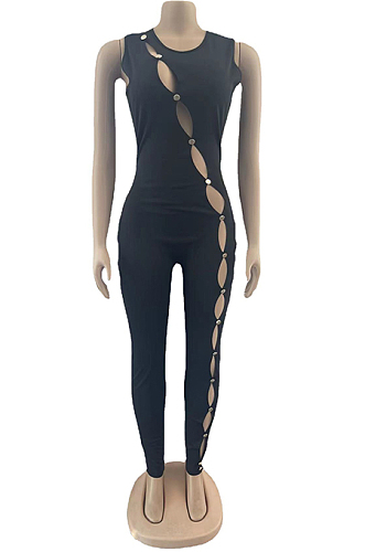 As Shown Black Sexy Polyester Sleeveless Round Neck Beaded Bodycon Jumpsuit QZ3335