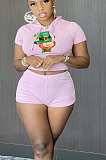 Sexy Polyester Cartoon Graphic Short Sleeve Round Neck Hoodie Shorts Sets HY-A007