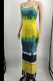 Sexy Polyester Tie Dye Pop Art Print Sleeveless Strappy Tassel Hem Long Dress MTY6617