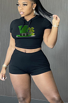 Copy Sexy Polyester Cartoon Graphic Short Sleeve Round Neck Hoodie Shorts Sets HY-A007