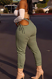 Navy Green Boho Sexy Polyester Knot Side Hollow Out Mid Waist Long Pants QQ5268