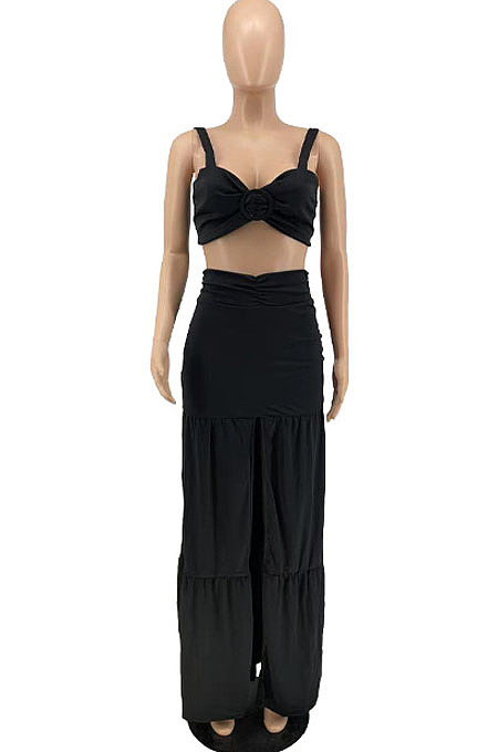 Elegant Wholesale Sexy Women Strapless High Waist Slit Long Skirts Solid Color Sets AMX6079