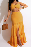 Elegant Wholesale Sexy Women Strapless High Waist Slit Long Skirts Solid Color Sets AMX6079