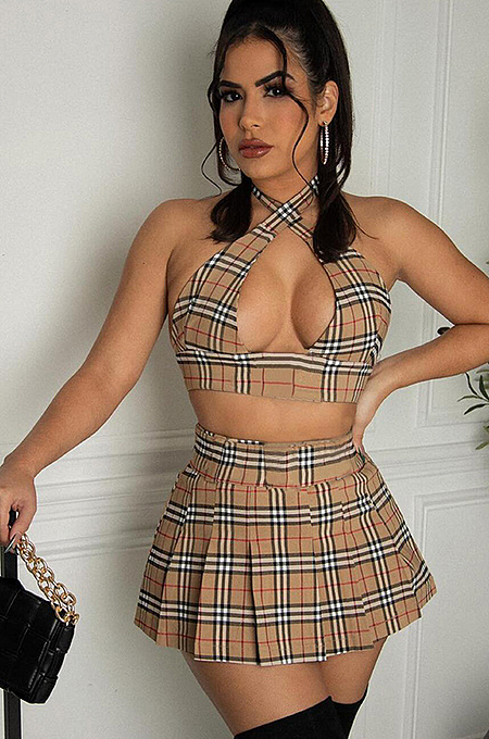 Plaid Halter Top Skirt Set