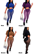 Casual Sporty Sexy Polyester Short Sleeve Round Neck Tee Top Mid Waist Skinny Pants Sets SY807