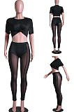 Casual Sporty Sexy Polyester Short Sleeve Round Neck Tee Top Mid Waist Skinny Pants Sets SY807
