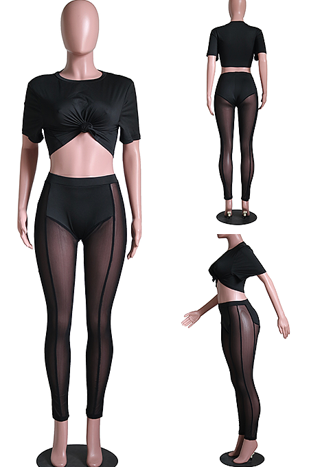 Casual Sporty Sexy Polyester Short Sleeve Round Neck Tee Top Mid Waist Skinny Pants Sets SY807