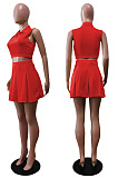 Summer New Cute Lapel Neck Sleeveless Crop Tops Mini Shirts Plain Casual  Sets BS1306