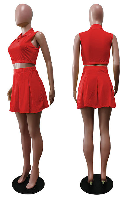 Summer New Cute Lapel Neck Sleeveless Crop Tops Mini Shirts Plain Casual  Sets BS1306
