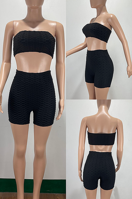 Pure Color Multi Boob Tube Top Shorts Yoga Sport Two-Pieces AMM8339