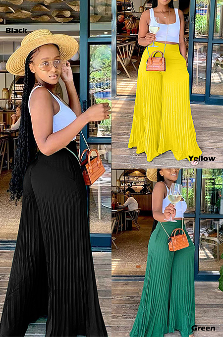 Casual Romantic Simplee Polyester Pleated Mid Waist Wide Leg Pants D8486