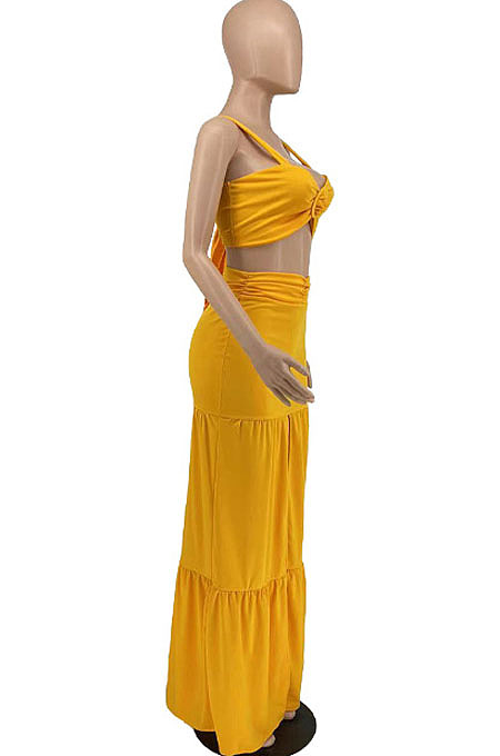 Elegant Wholesale Sexy Women Strapless High Waist Slit Long Skirts Solid Color Sets AMX6079