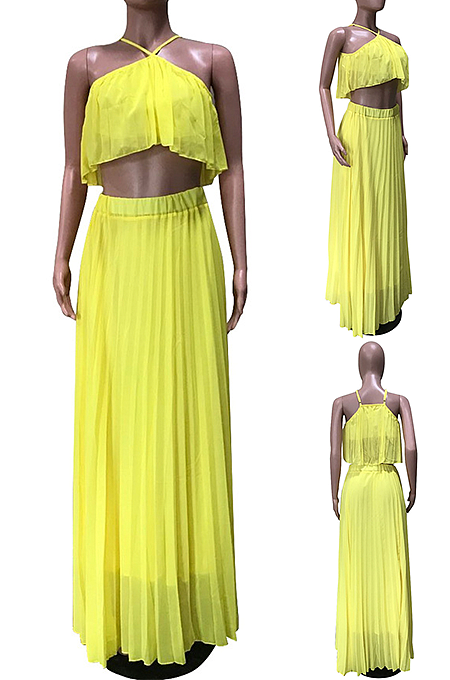 Casual Romantic Simplee Polyester Sleeveless Cold Shoulder Ruffle Crop Top Mid Waist Long Skirt Sets D8284