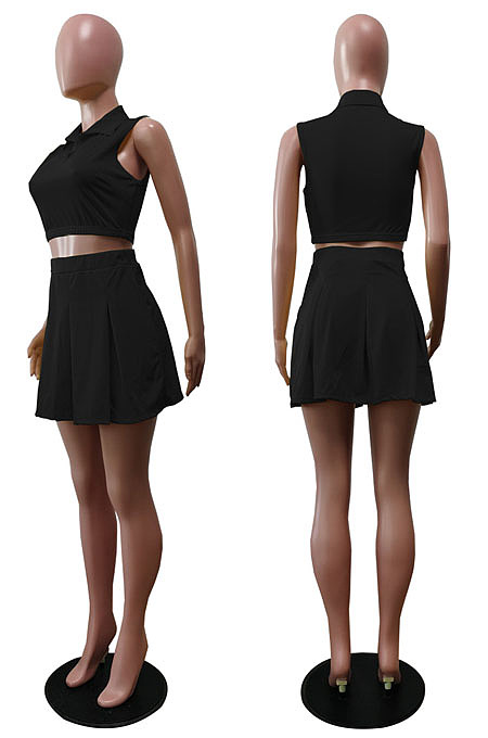 Summer New Cute Lapel Neck Sleeveless Crop Tops Mini Shirts Plain Casual  Sets BS1306